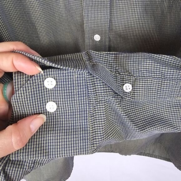 Danjuan Pure Cotton Button Down Shirt Sz 40 Green Navy Checked Preppy Office - Picture 4 of 5
